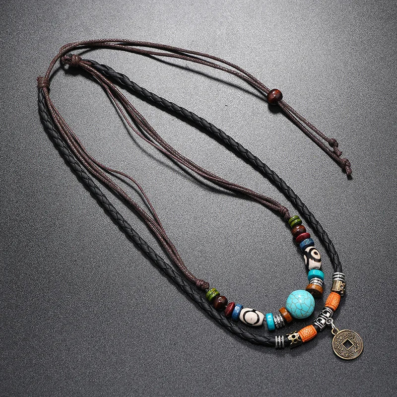 Double Layer Beaded Coin Necklace for Men – Leather Rope with Turquoise & Tribal Accents