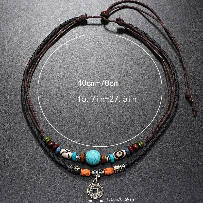 Double Layer Beaded Coin Necklace for Men – Leather Rope with Turquoise & Tribal Accents