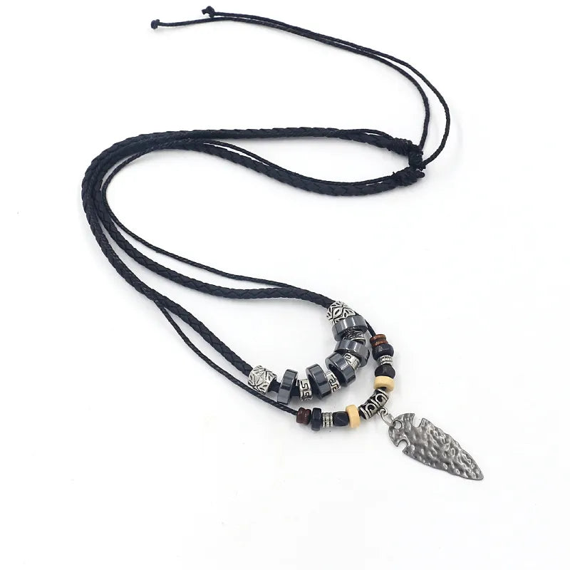 Layered Leather Rope Necklace for Men – Tribal Arrowhead Pendant with Haematite Beads