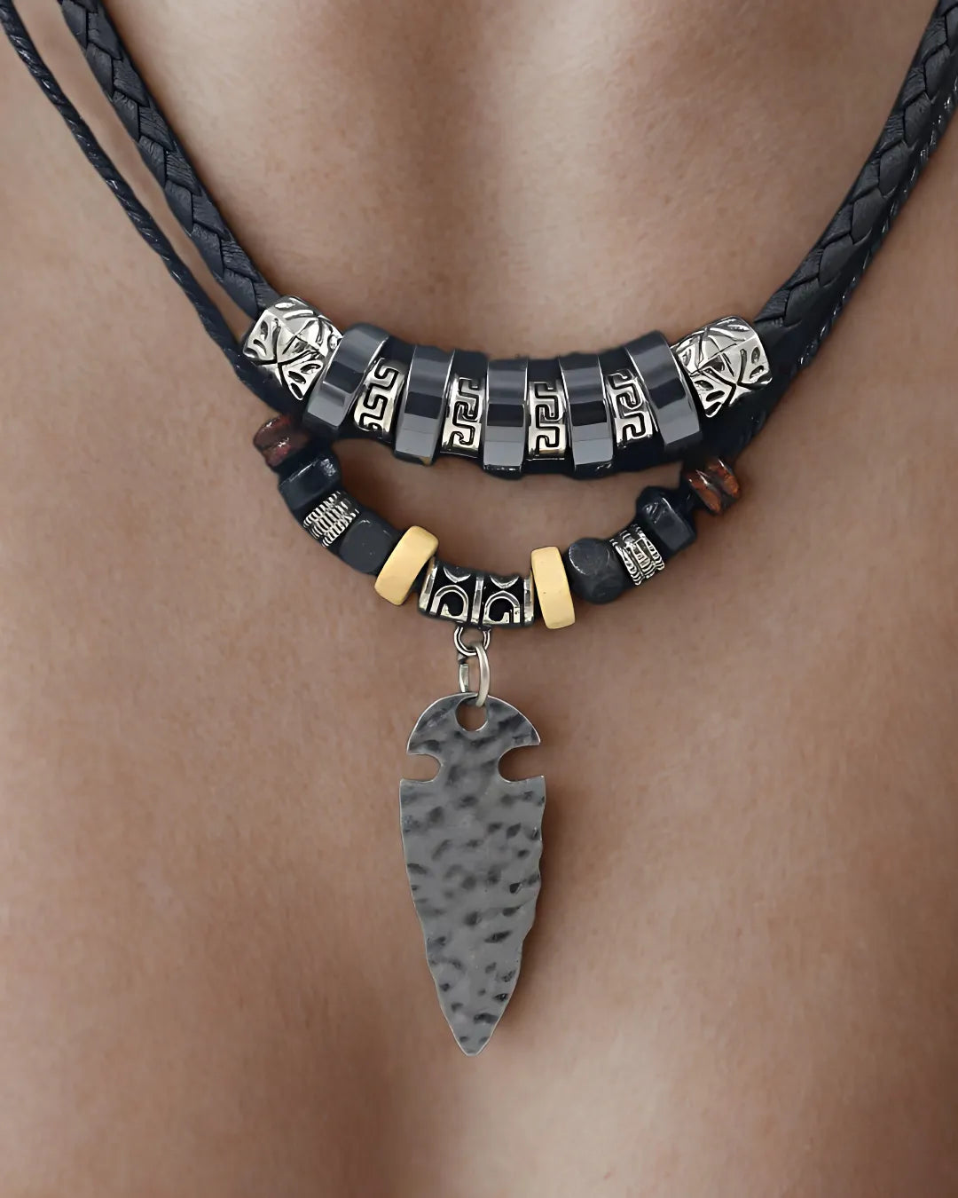 Layered Leather Rope Necklace for Men – Tribal Arrowhead Pendant with Haematite Beads