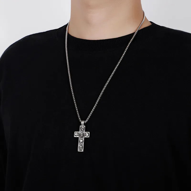 Men’s Gothic Skull Cross Pendant Necklace – Titanium Steel Punk Jewelry