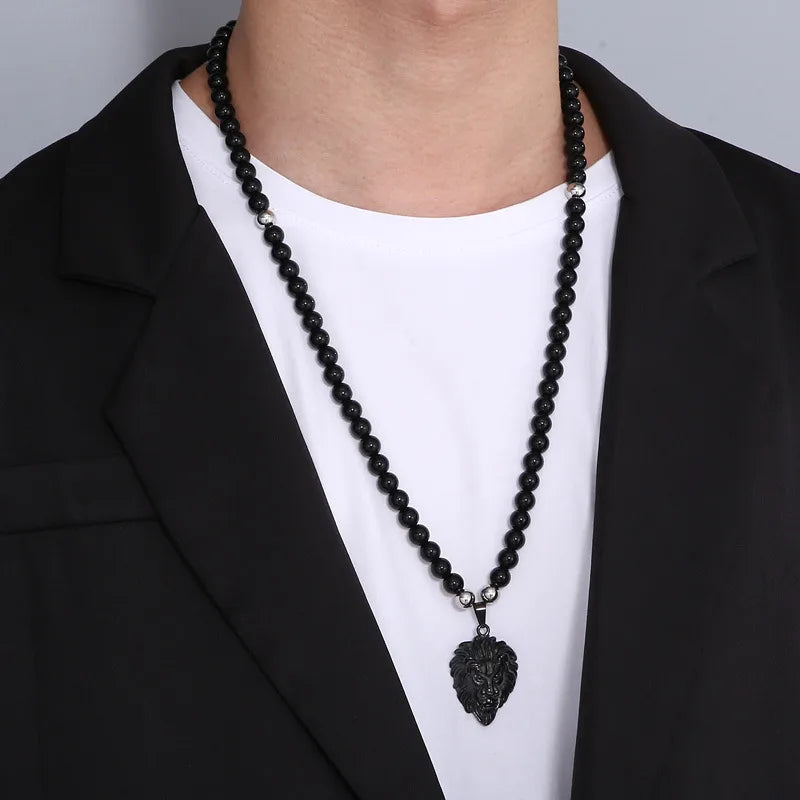 Black Beaded Lion Head Pendant Necklace for Men – Bold Retro Streetwear Style
