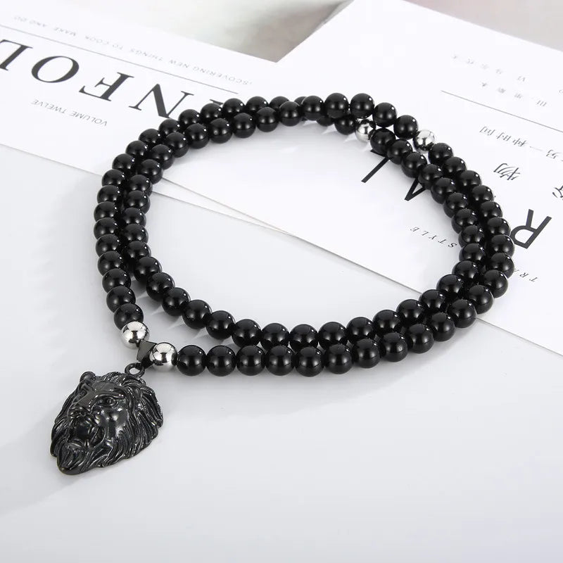 Black Beaded Lion Head Pendant Necklace for Men – Bold Retro Streetwear Style