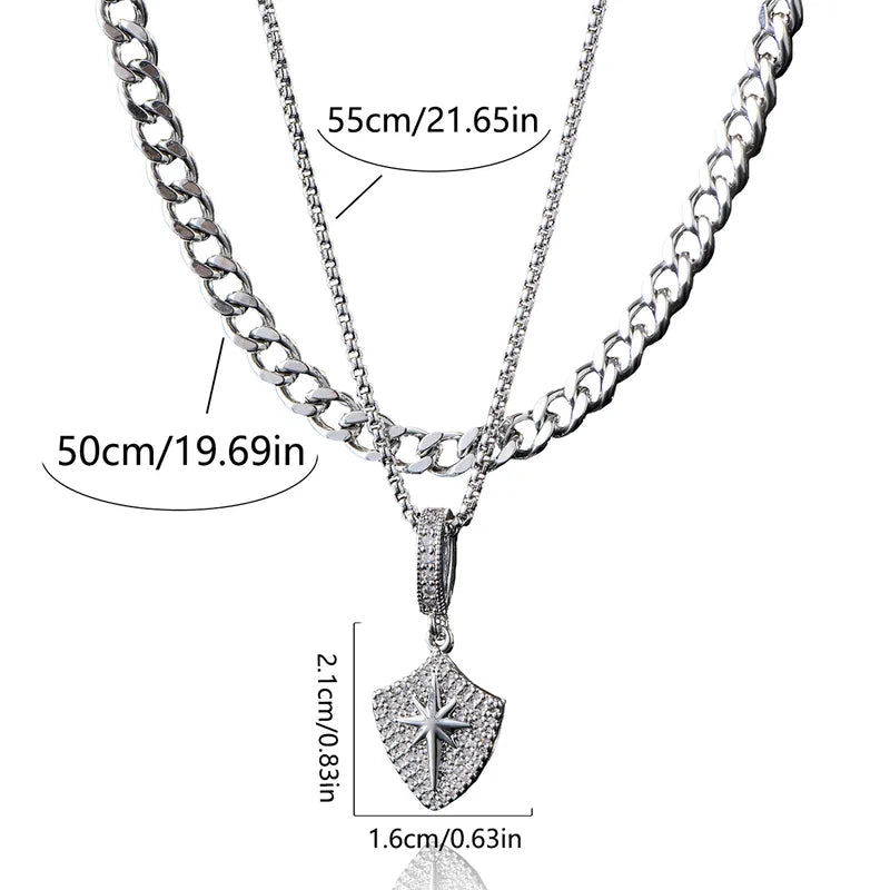 Men's Double Layer Stainless Steel Sun Shield Pendant Necklace – 50cm & 55cm Chains