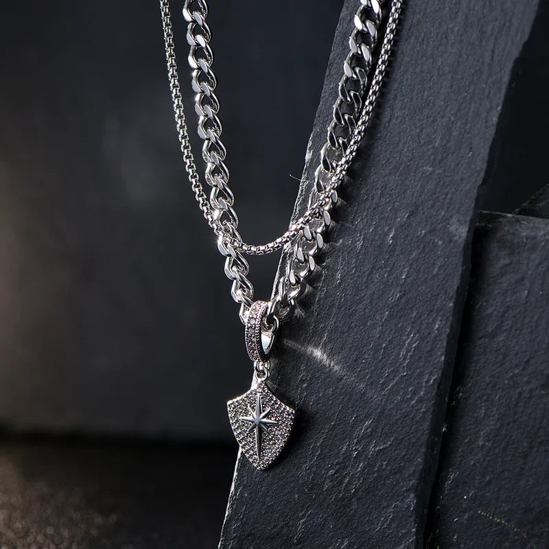Men's Double Layer Stainless Steel Sun Shield Pendant Necklace – 50cm & 55cm Chains