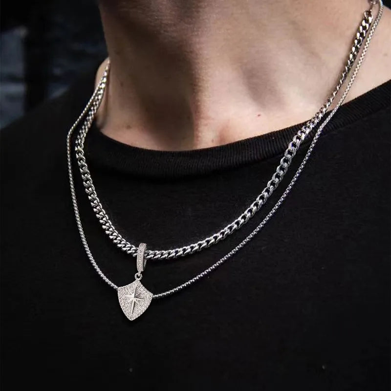 Men's Double Layer Stainless Steel Sun Shield Pendant Necklace – 50cm & 55cm Chains