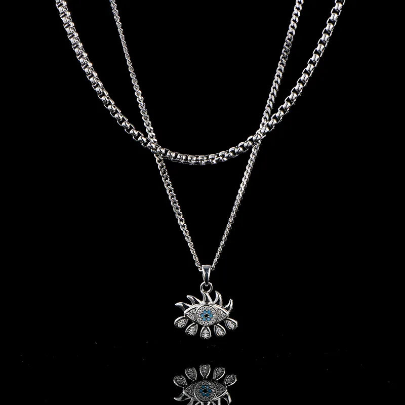 Double Layer Eye Pendant Necklace for Men – Stainless Steel & Zircon