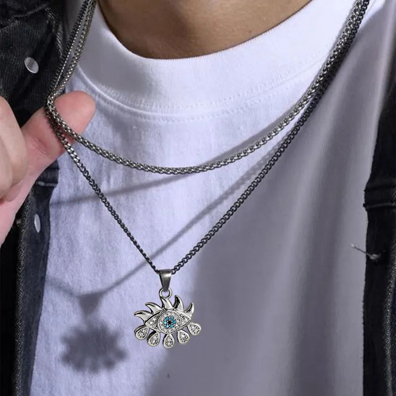 Double Layer Eye Pendant Necklace for Men – Stainless Steel & Zircon