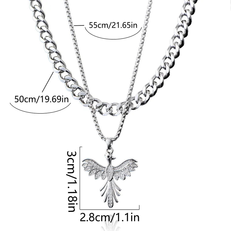 Men's Double Layer Bird Pendant Necklace – Stainless Steel Hip-Hop Chain Set with Wing Spread Design