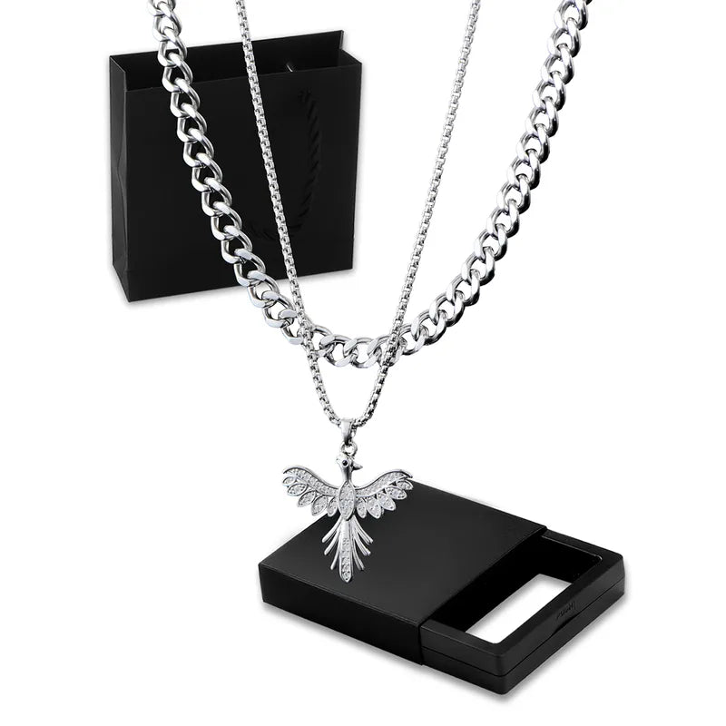 Men's Double Layer Bird Pendant Necklace – Stainless Steel Hip-Hop Chain Set with Wing Spread Design