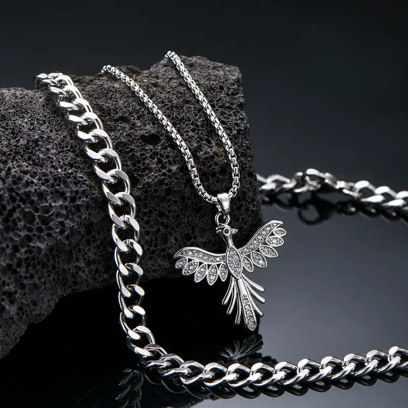 Men's Double Layer Bird Pendant Necklace – Stainless Steel Hip-Hop Chain Set with Wing Spread Design
