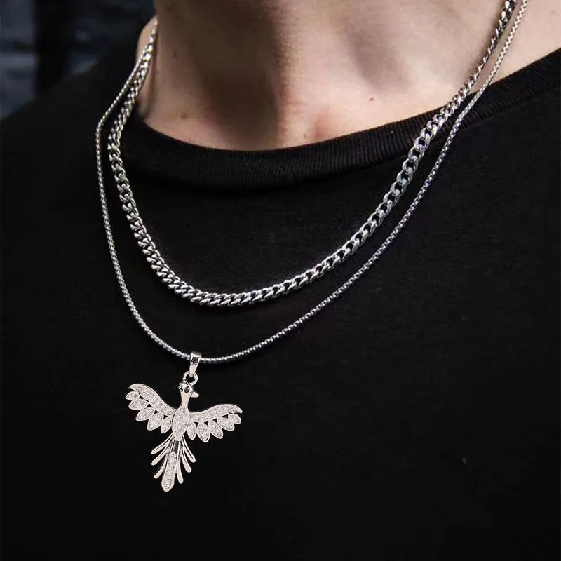 Men's Double Layer Bird Pendant Necklace – Stainless Steel Hip-Hop Chain Set with Wing Spread Design