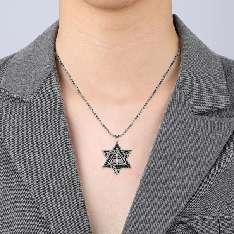 Men's Retro Star of David Cross Pendant Necklace – Stainless Steel Religious Jewelry