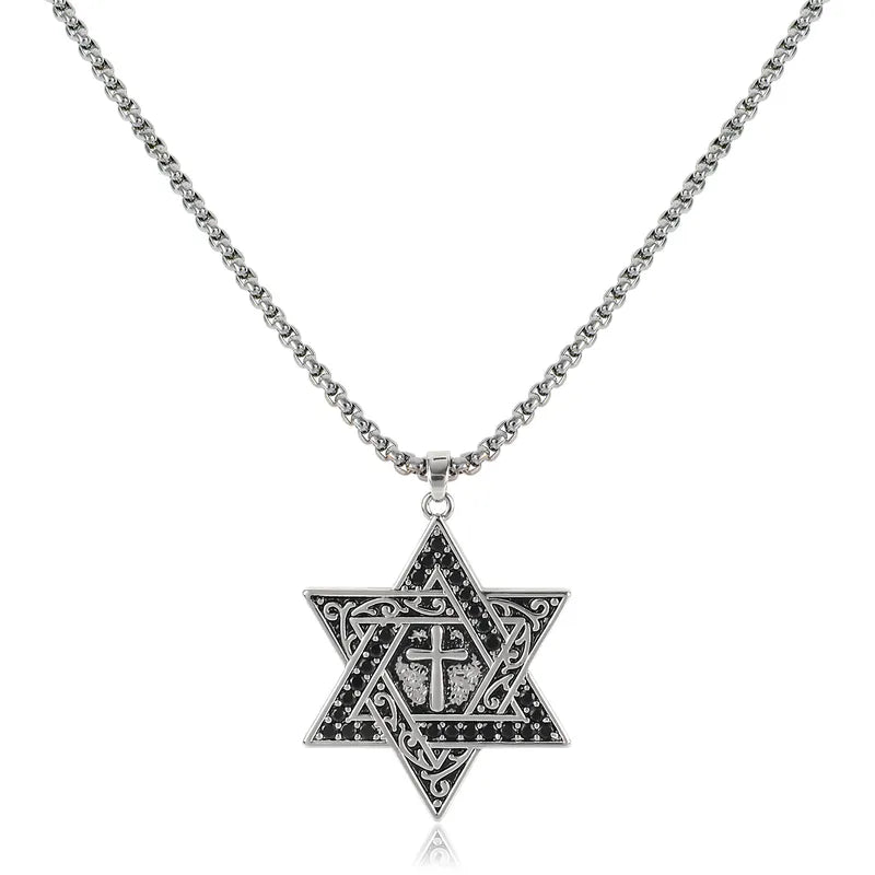 Men's Retro Star of David Cross Pendant Necklace – Stainless Steel Religious Jewelry