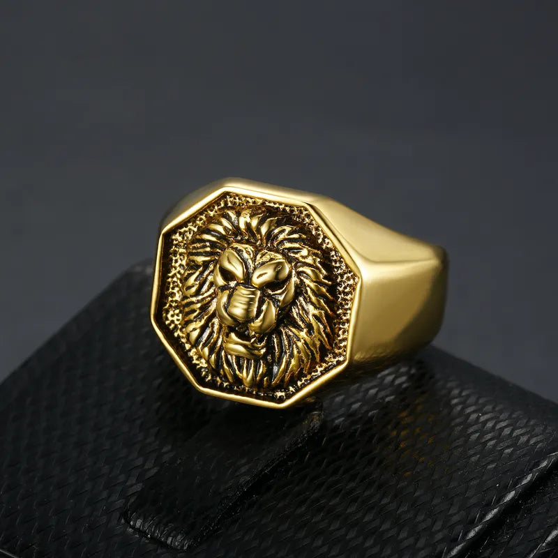 Gold Lion Head Signet Ring – 304 Stainless Steel Bold Statement Ring for Men