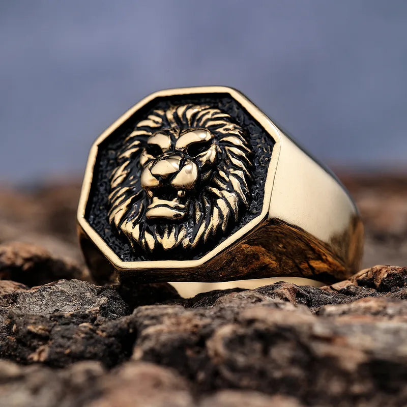 Gold Lion Head Signet Ring – 304 Stainless Steel Bold Statement Ring for Men
