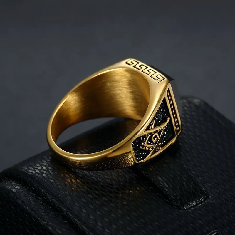 Gold-Plated Black Zircon Signet Ring – Retro Titanium Steel Statement Ring for Men