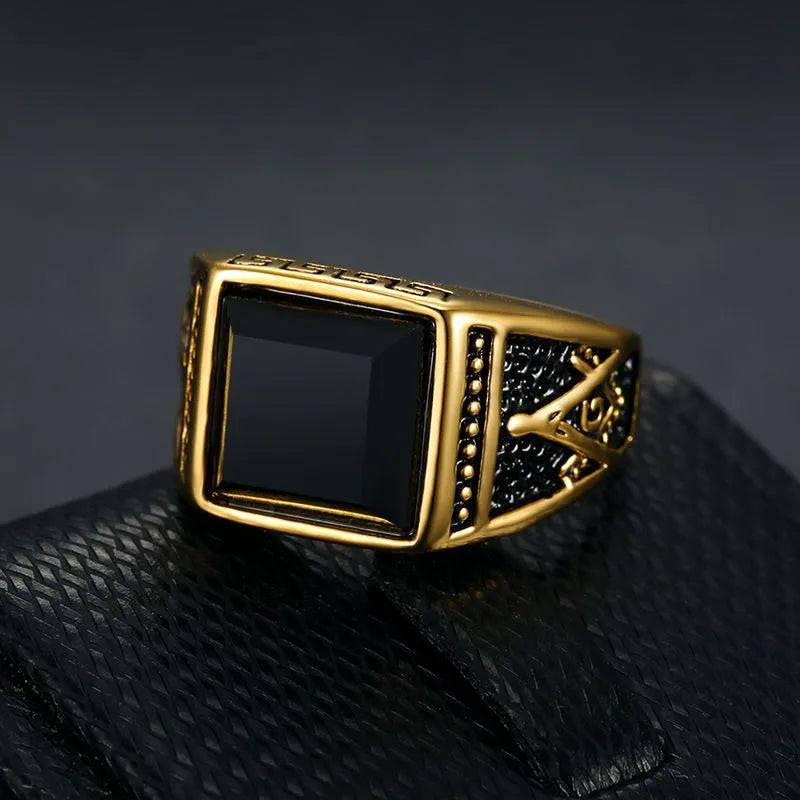 Gold-Plated Black Zircon Signet Ring – Retro Titanium Steel Statement Ring for Men