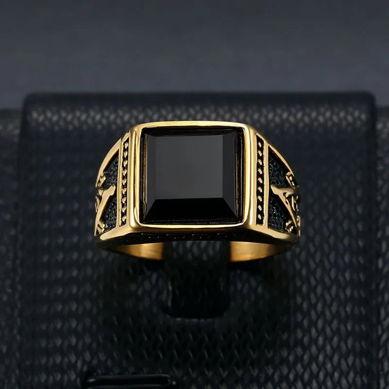 Gold-Plated Black Zircon Signet Ring – Retro Titanium Steel Statement Ring for Men