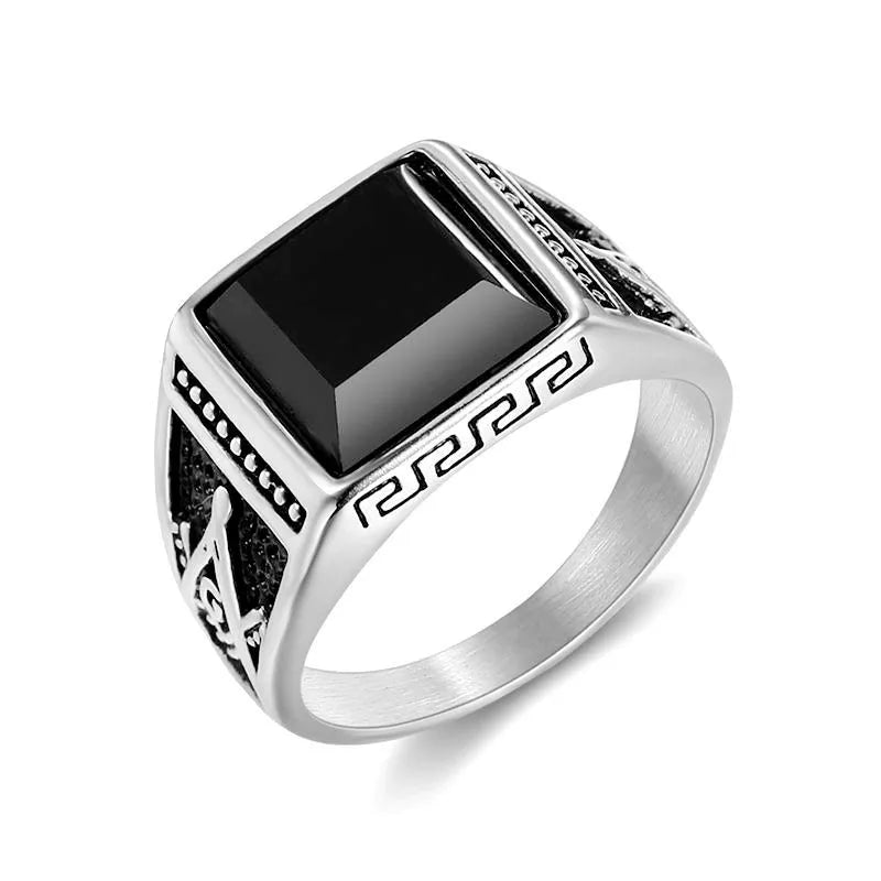 Silver Black Zircon Signet Ring – Retro Titanium Steel Statement Ring for Men