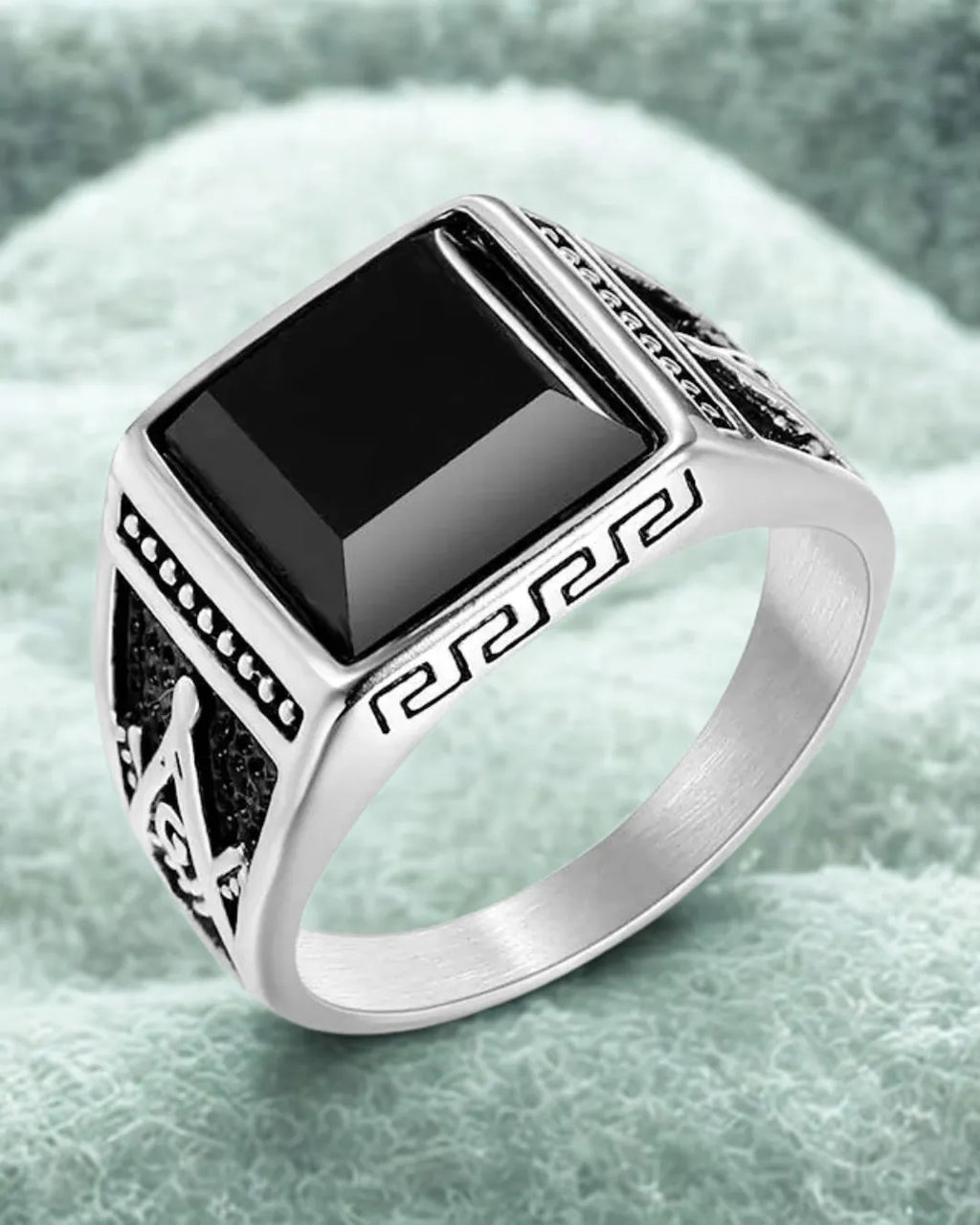 Silver Black Zircon Signet Ring – Retro Titanium Steel Statement Ring for Men
