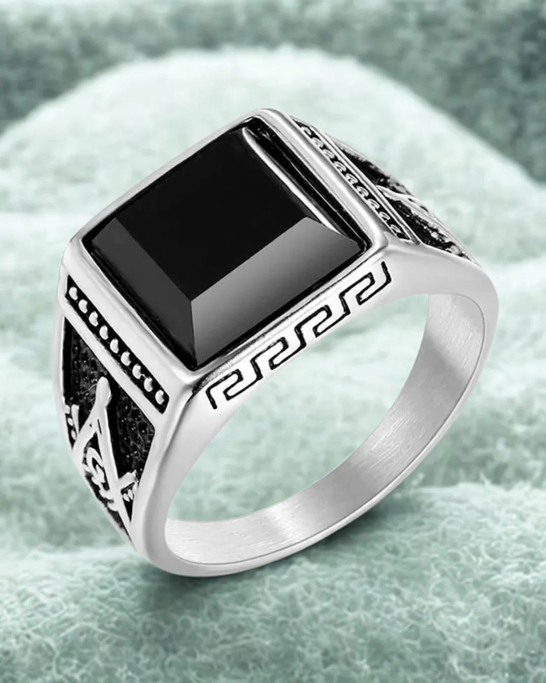 Silver Black Zircon Signet Ring – Retro Titanium Steel Statement Ring for Men