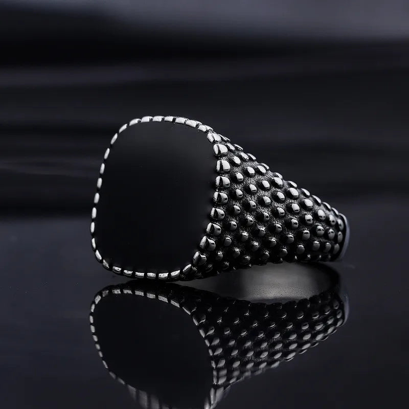 Textured Black Signet Ring – Retro Geometric Stainless Steel Band