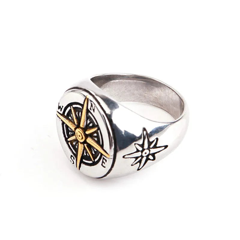 Compass Signet Ring for Men – Titanium Steel with 18K Gold-Plated Detail