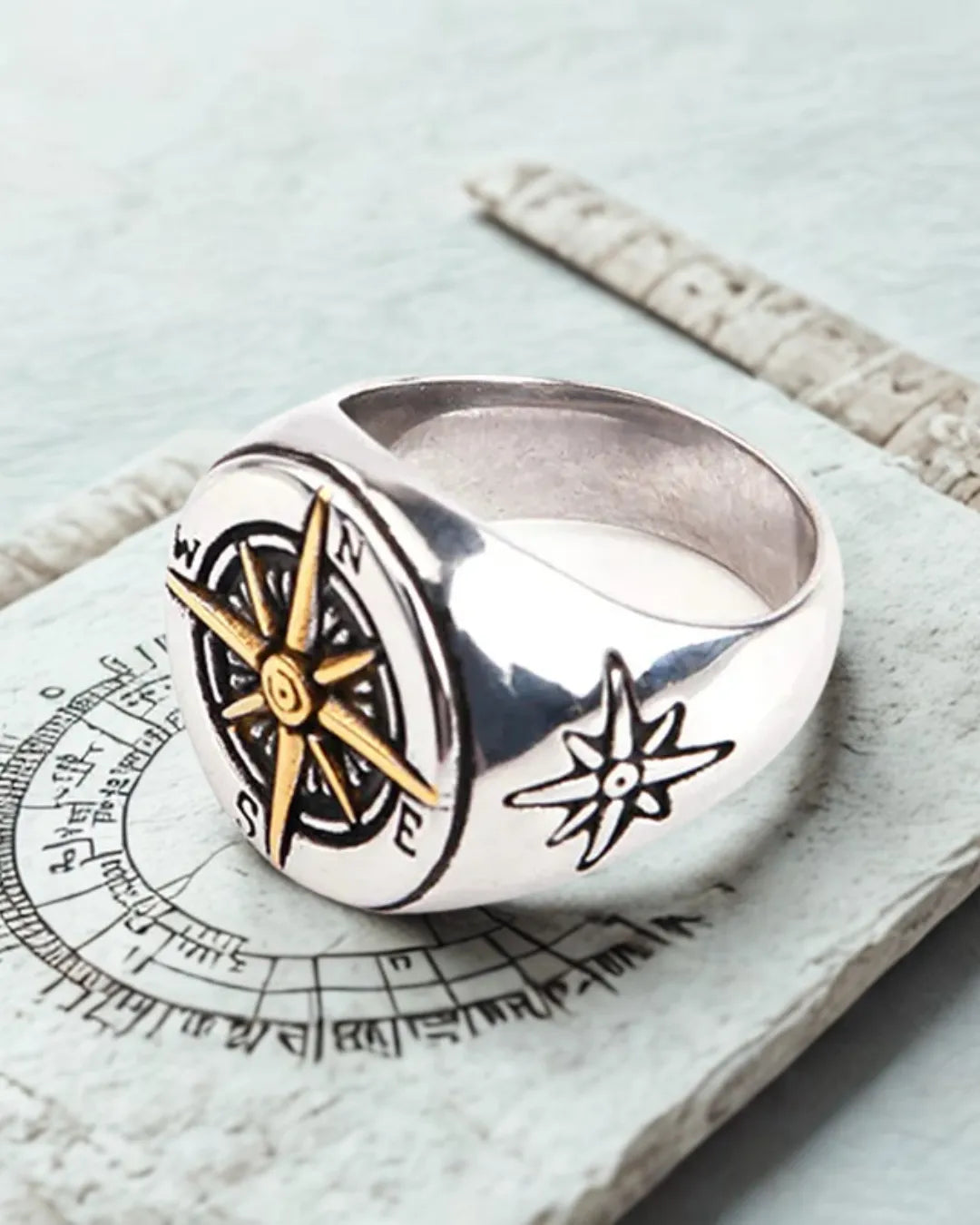 Compass Signet Ring for Men – Titanium Steel with 18K Gold-Plated Detail