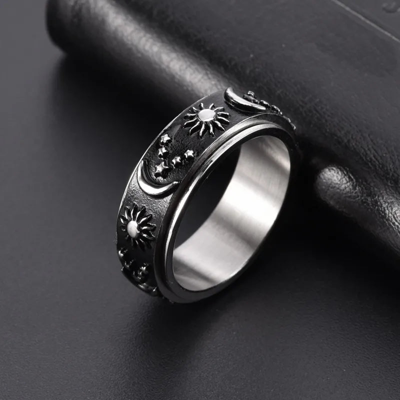 Celestial Sun & Moon Ring for Men – Engraved Stainless Steel Cosmic Band