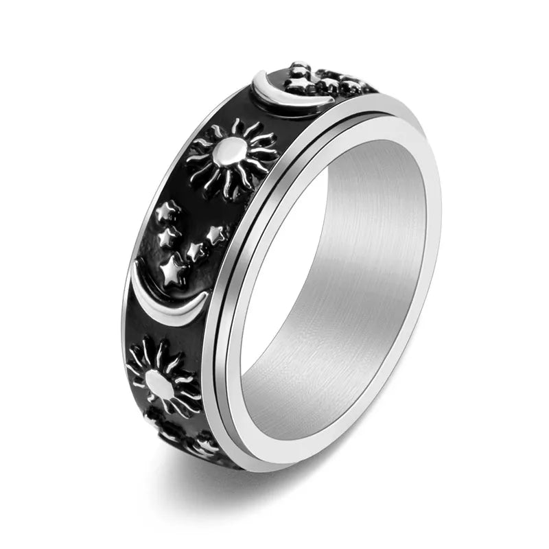 Celestial Sun & Moon Ring for Men – Engraved Stainless Steel Cosmic Band
