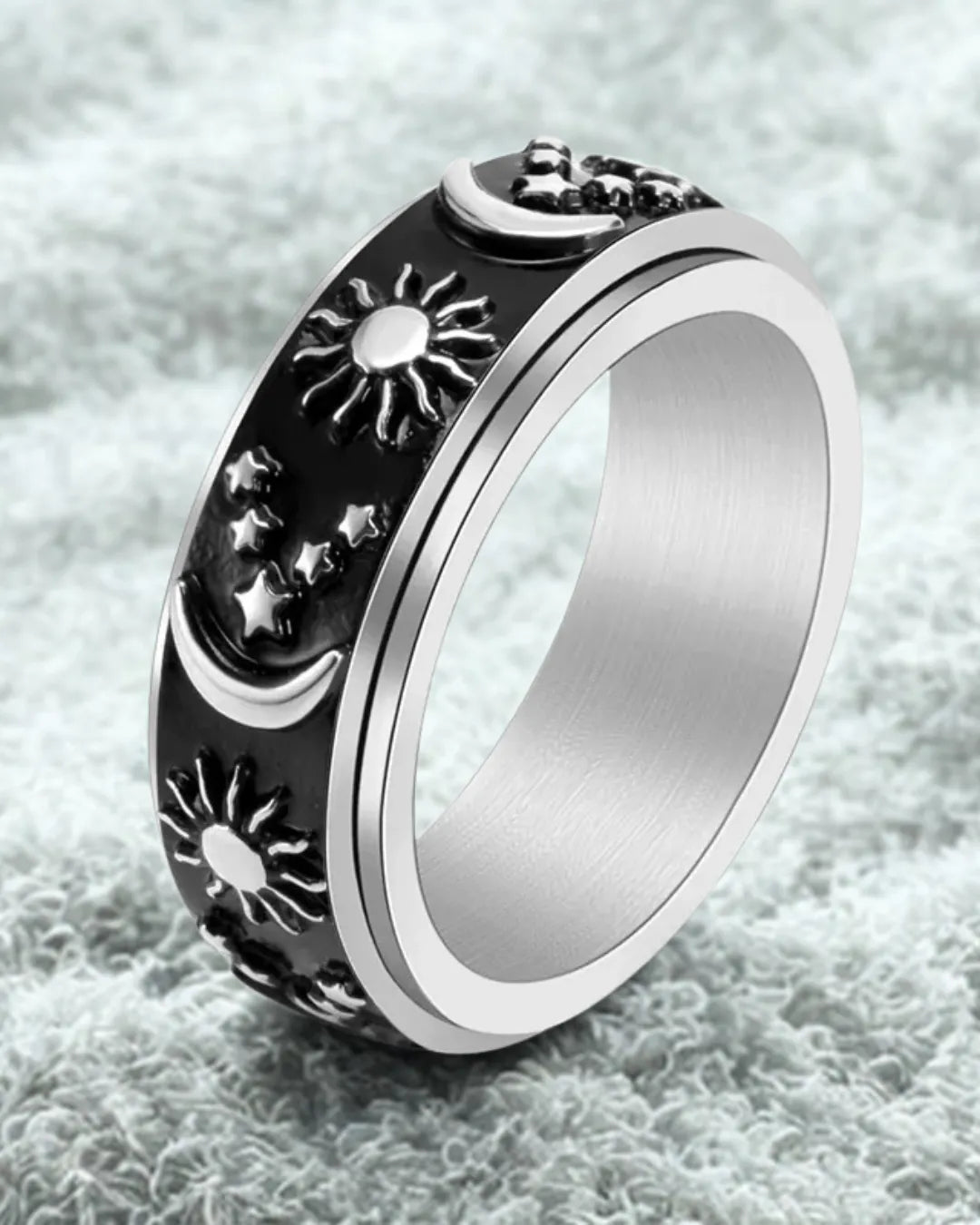 Celestial Sun & Moon Ring for Men – Engraved Stainless Steel Cosmic Band