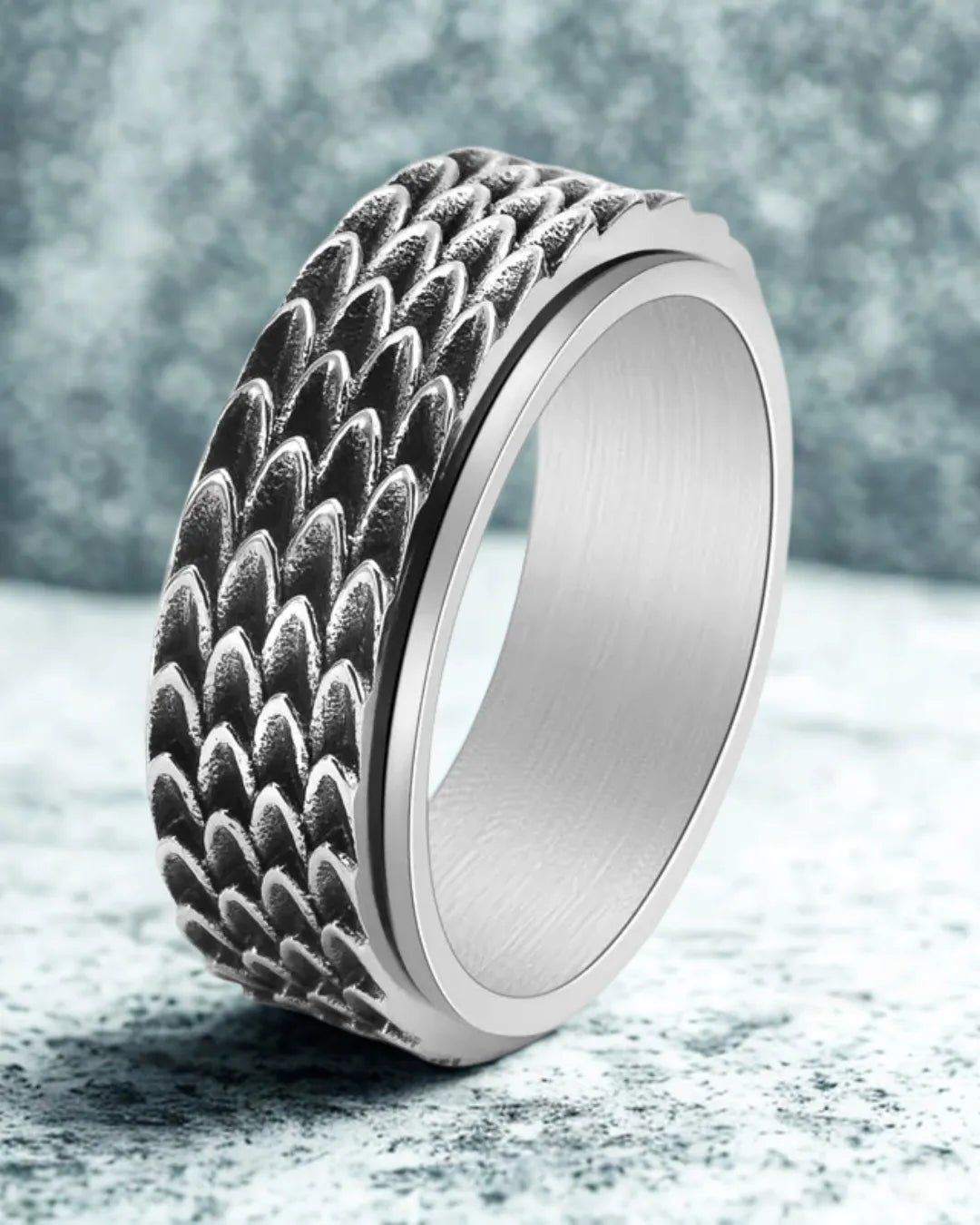 Dragon Scale Stainless Steel Ring for Men – Textured Silver Armor Band