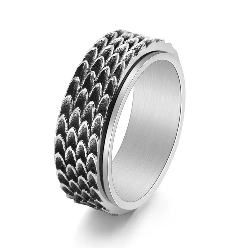 Dragon Scale Stainless Steel Ring for Men – Textured Silver Armor Band