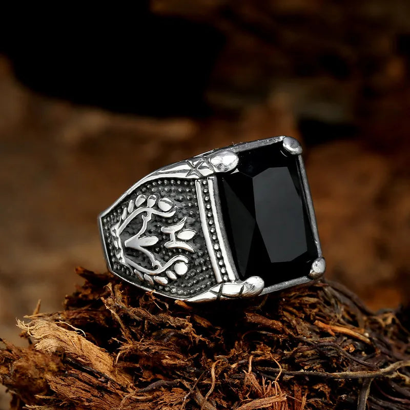 Vintage Black Zircon Statement Ring for Men – Retro Engraved Titanium Steel