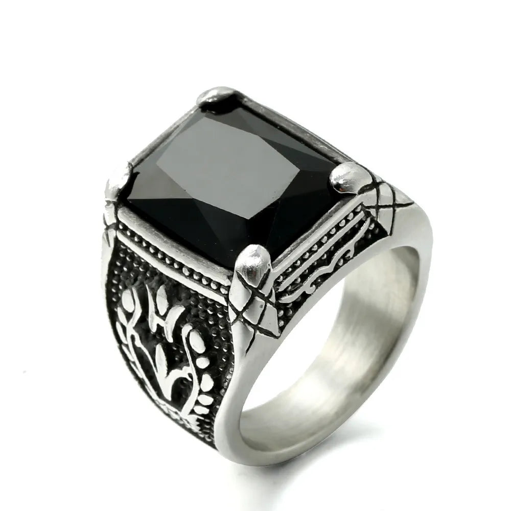 Vintage Black Zircon Statement Ring for Men – Retro Engraved Titanium Steel