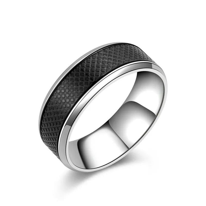 Lattice Texture Titanium Steel Ring – 8mm Black & Silver Band
