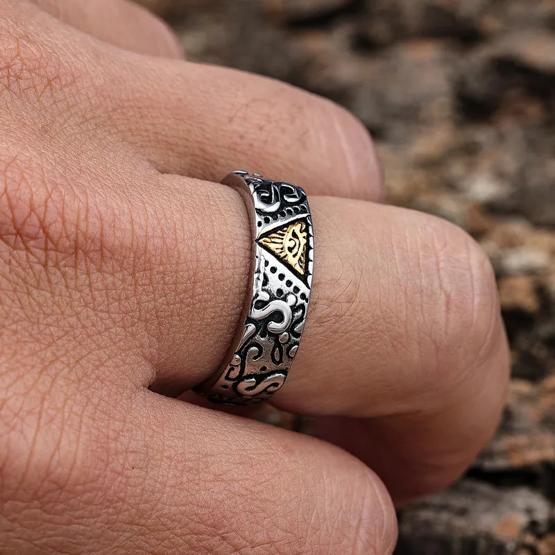 All-Seeing Eye Engraved Stainless Steel Ring for Men – Mystic Symbol Band