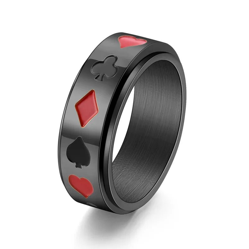 Black Titanium Steel Poker Ring – Spade, Heart, Club & Diamond Motif