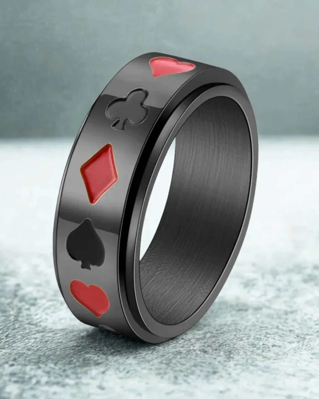 Black Titanium Steel Poker Ring – Spade, Heart, Club & Diamond Motif