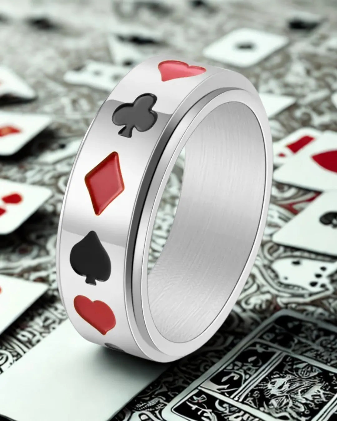 Silver Titanium Steel Poker Ring – Card Suits Motif for Men
