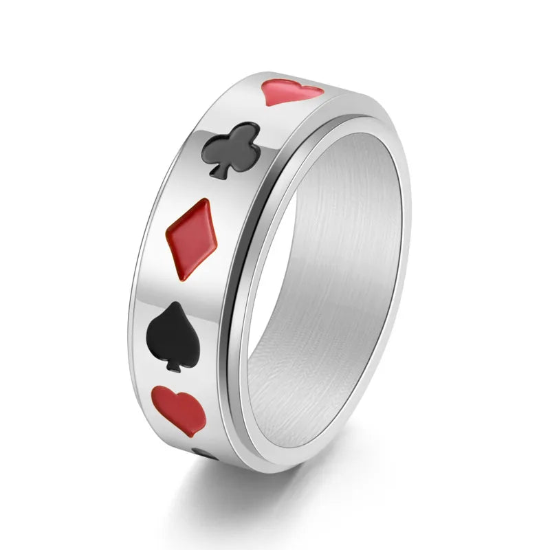 Silver Titanium Steel Poker Ring – Card Suits Motif for Men