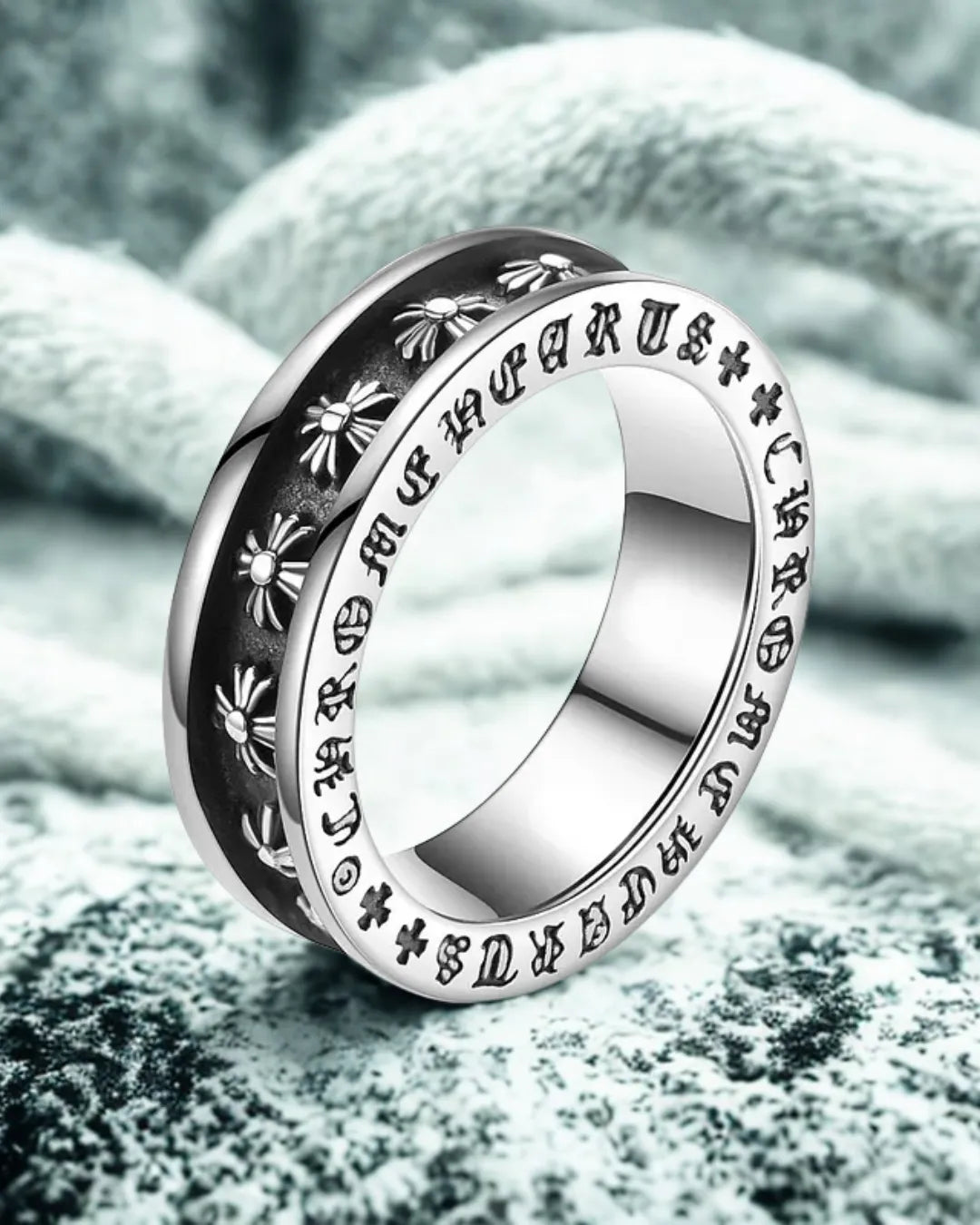 Vintage Punk Cross Inscription Titanium Steel Ring for Men – Gothic Style with Flower Detailing