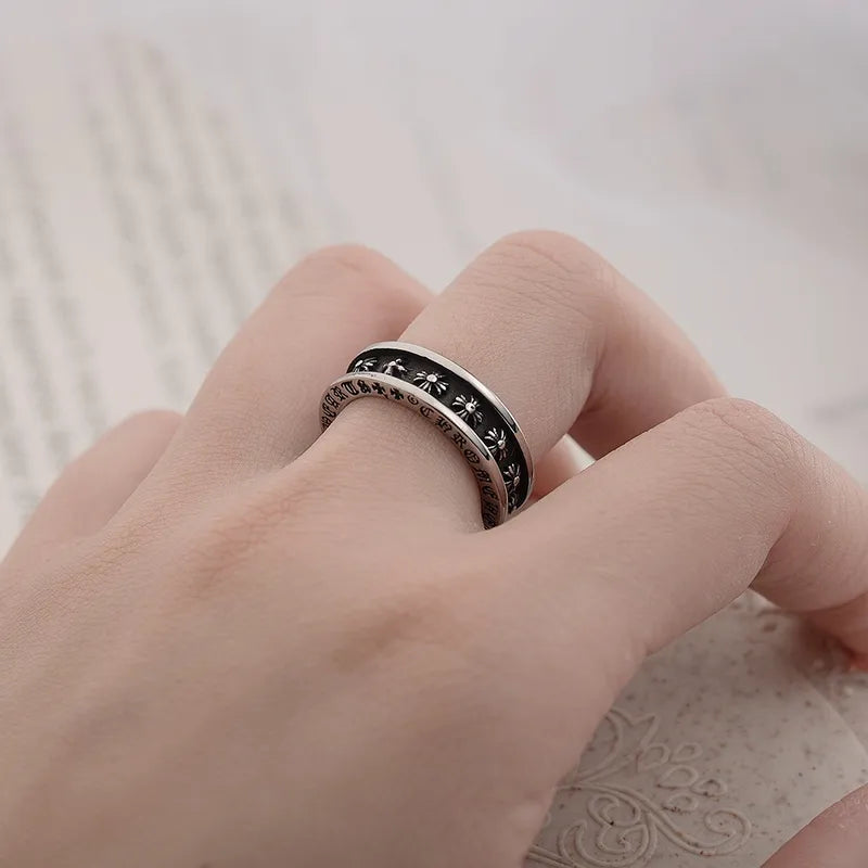 Vintage Punk Cross Inscription Titanium Steel Ring for Men – Gothic Style with Flower Detailing