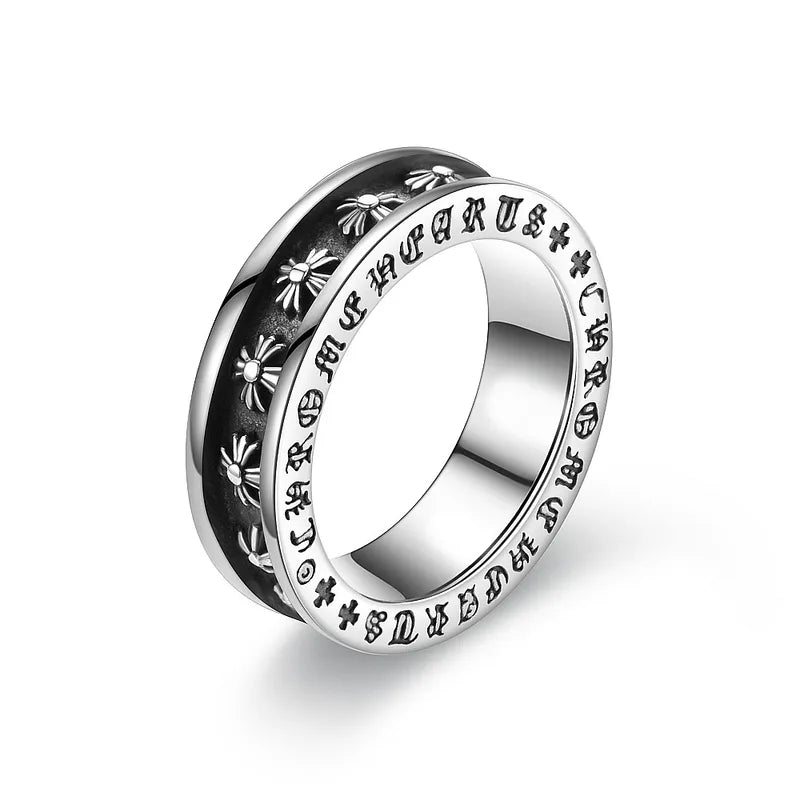 Vintage Punk Cross Inscription Titanium Steel Ring for Men – Gothic Style with Flower Detailing