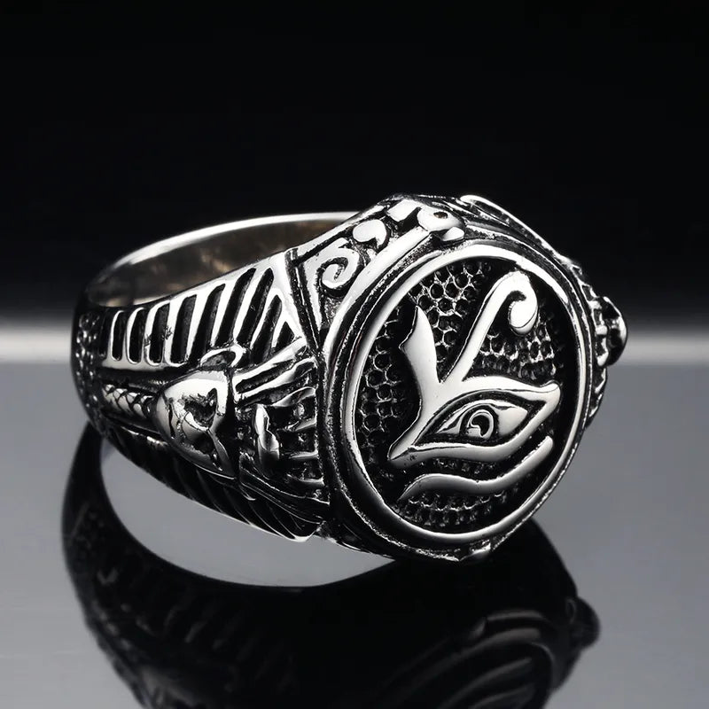 Retro Eye of Horus Ring – Polished Titanium Steel Statement Ring for Men