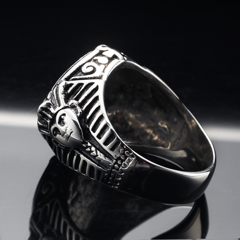 Retro Eye of Horus Ring – Polished Titanium Steel Statement Ring for Men