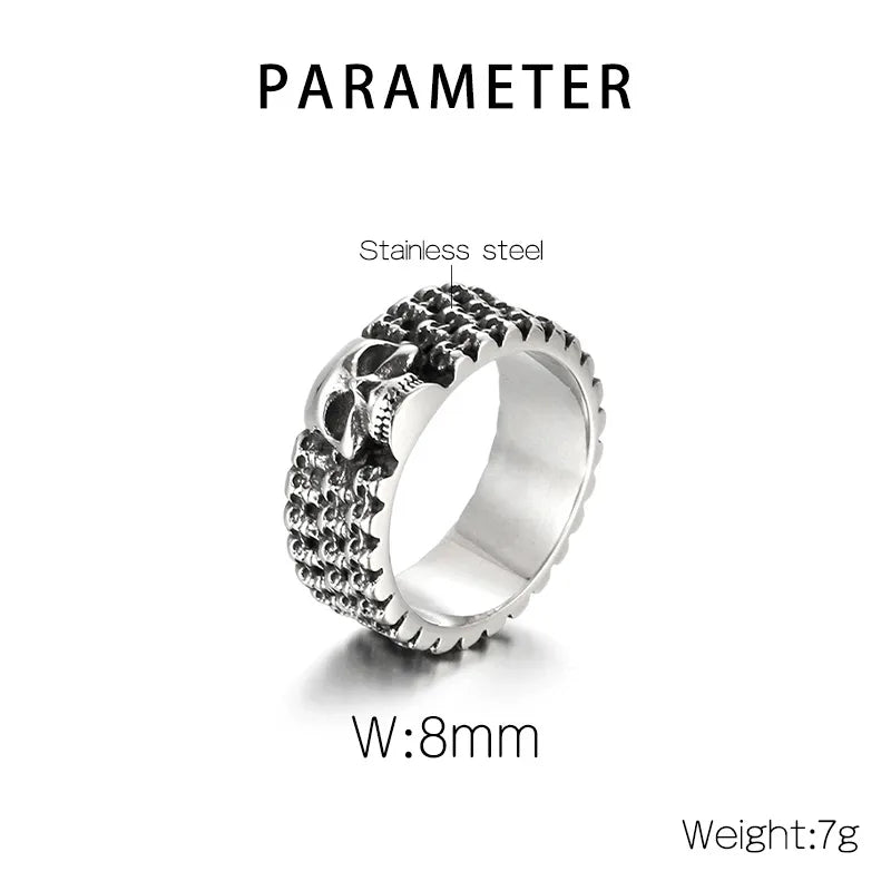 Hip-Hop Skull Textured Stainless Steel Ring for Men – 8mm Wide, Gothic Halloween Style