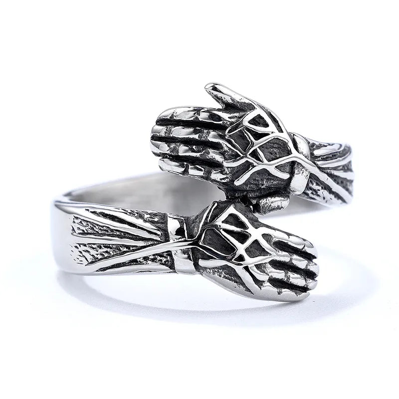 Titanium Steel Gothic Hand Ring for Men – Adjustable Polished Skeleton Style