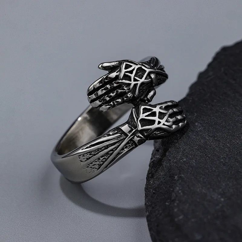 Titanium Steel Gothic Hand Ring for Men – Adjustable Polished Skeleton Style